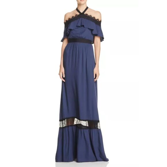 ALICE+OLIVIA Mitsy Off-The-Shoulder Maxi Dress, Navy/Black, Sz 2 - Picture 2 of 15